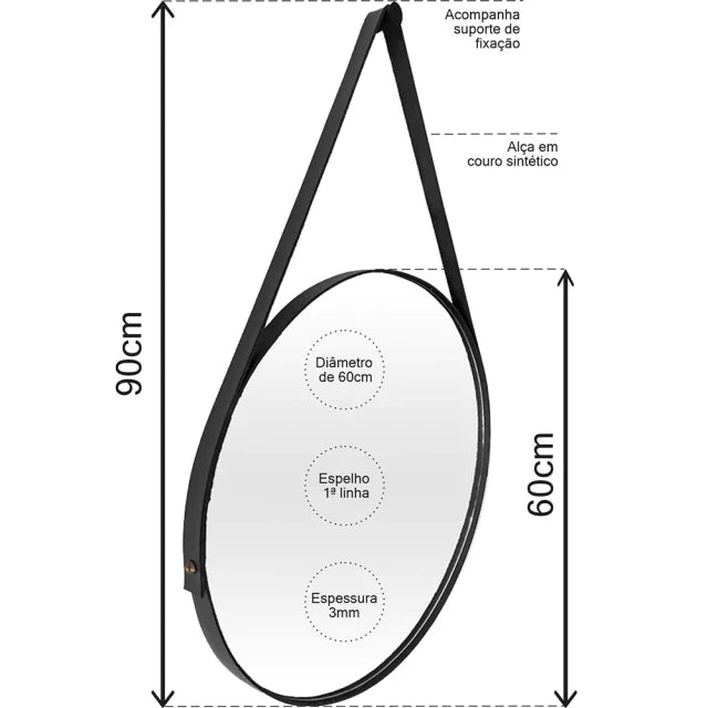 Espelho Adnet em Couro de 50cm com Suporte Elegante